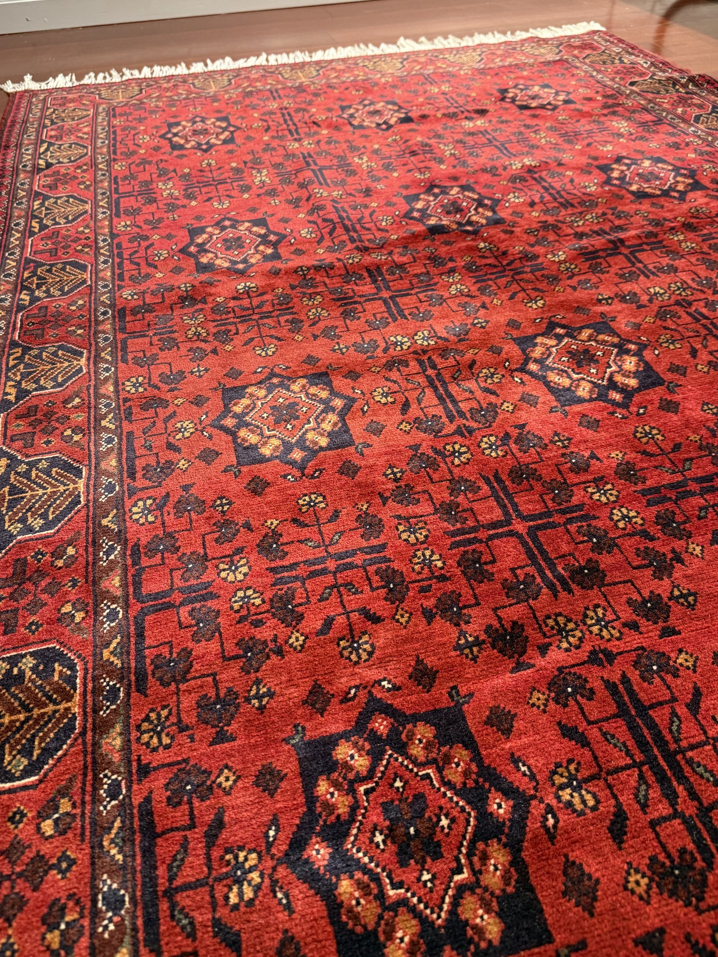 Vibrant Red and Intricate Afghan Rug